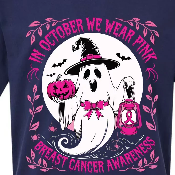 October We Wear Ghost Halloween Pumpkins Breast Cancer Sueded Cloud Jersey T-Shirt