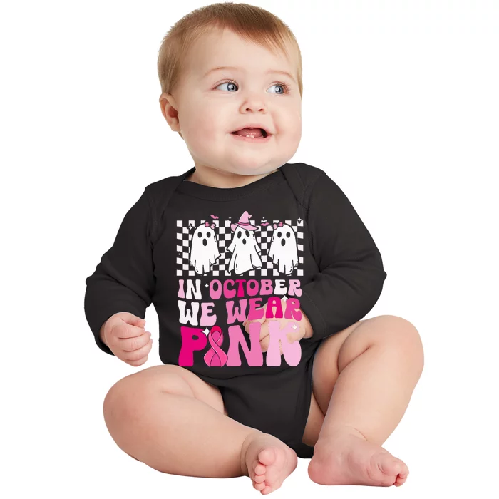 October We Wear Pink Funny Ghost Halloween Breast Cancer Baby Long Sleeve Bodysuit