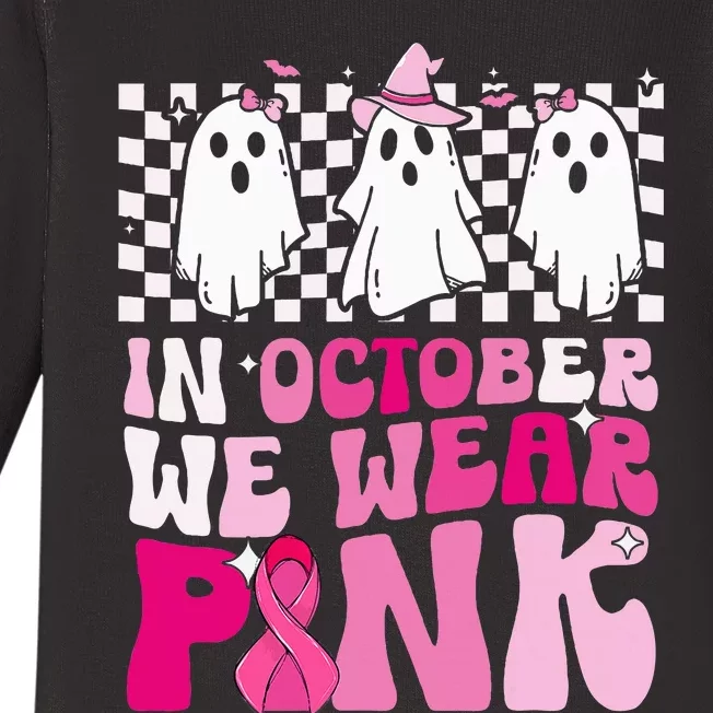 October We Wear Pink Funny Ghost Halloween Breast Cancer Baby Long Sleeve Bodysuit