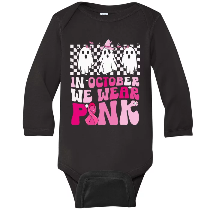 October We Wear Pink Funny Ghost Halloween Breast Cancer Baby Long Sleeve Bodysuit