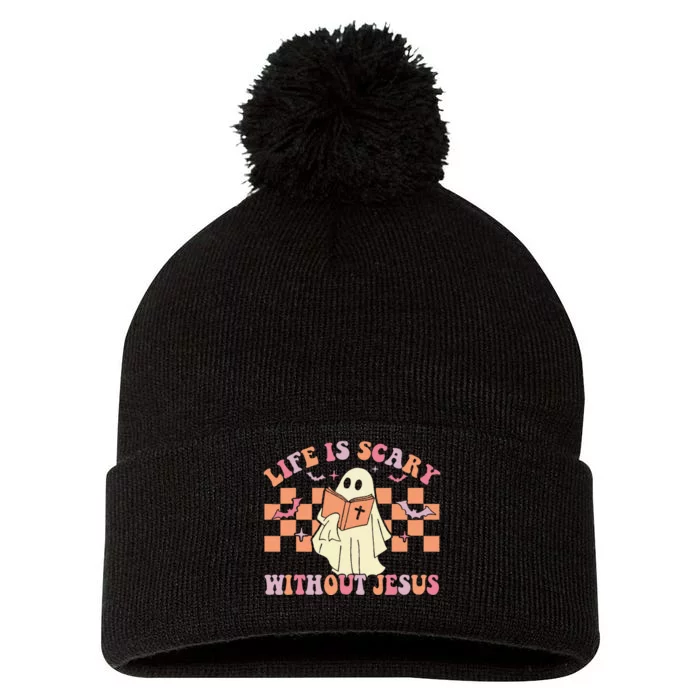 October We Wear Pin.K Breast Cancer Awareness Halloween Ghost Pom Pom 12in Knit Beanie