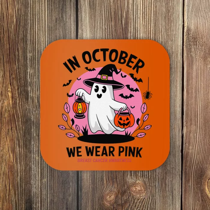 October We Wear Pin.K Breast Cancer Awareness Halloween Ghost Coaster