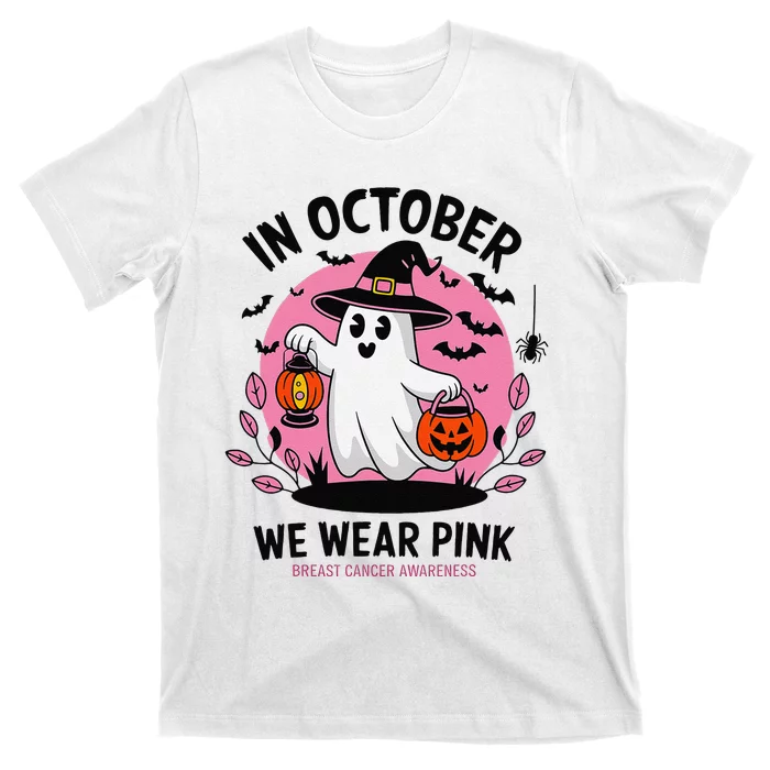 October We Wear Pin.K Breast Cancer Awareness Halloween Ghost T-Shirt