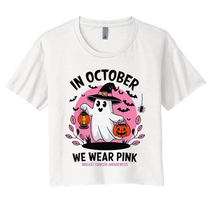 October We Wear Pin.K Breast Cancer Awareness Halloween Ghost Women's Crop Top Tee