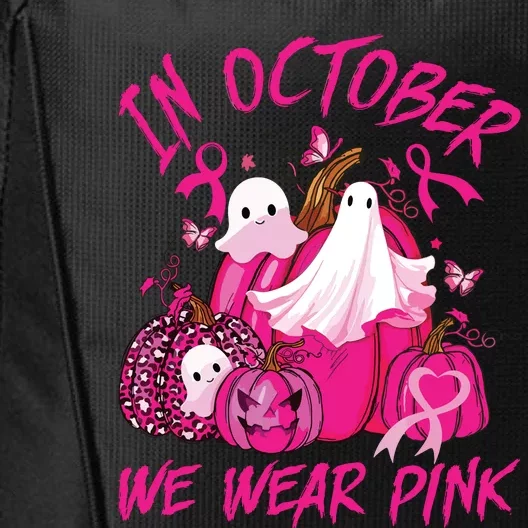 October We Wear Pink Pumpkin Ghost Halloween Breast Cancer City Backpack