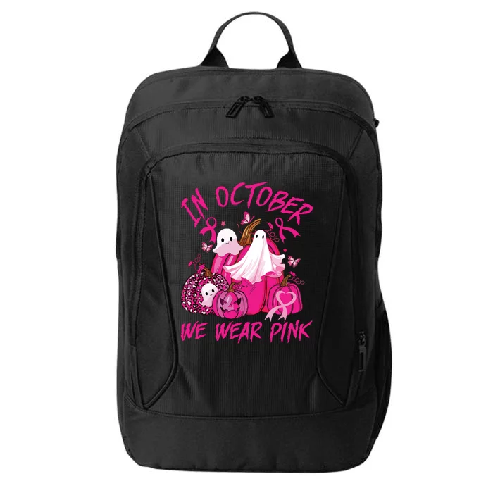 October We Wear Pink Pumpkin Ghost Halloween Breast Cancer City Backpack