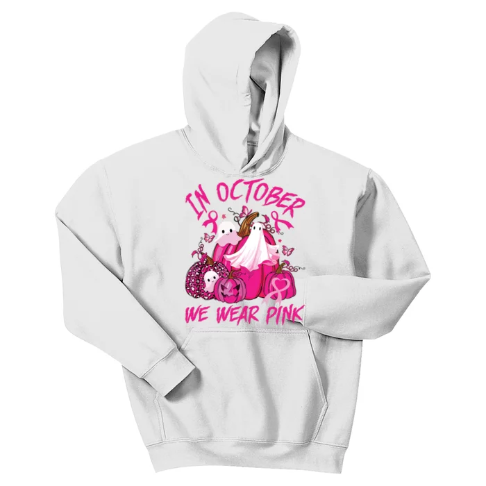 October We Wear Pink Pumpkin Ghost Halloween Breast Cancer Kids Hoodie