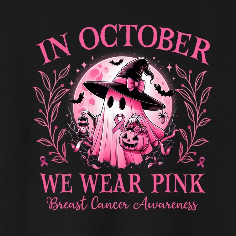 October We Wear P.I.N.K Breast Cancer Awareness Halloween Ghost Women's Crop Top Tee