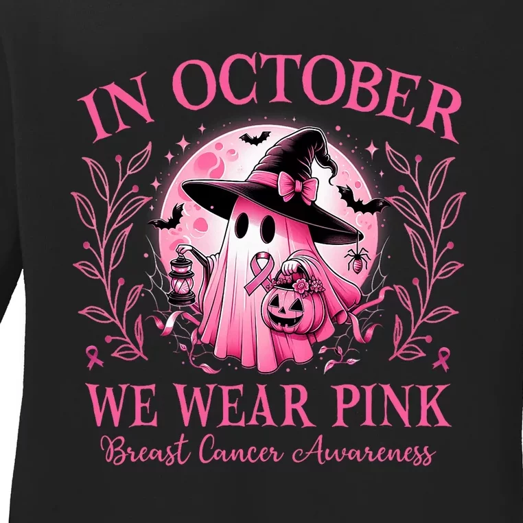 October We Wear P.I.N.K Breast Cancer Awareness Halloween Ghost Ladies Long Sleeve Shirt