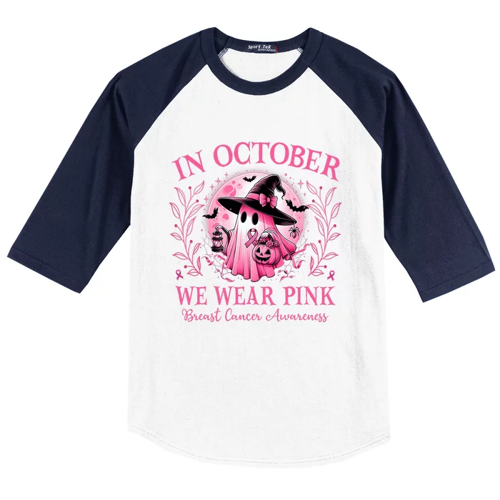 October We Wear P.I.N.K Breast Cancer Awareness Halloween Ghost Baseball Sleeve Shirt