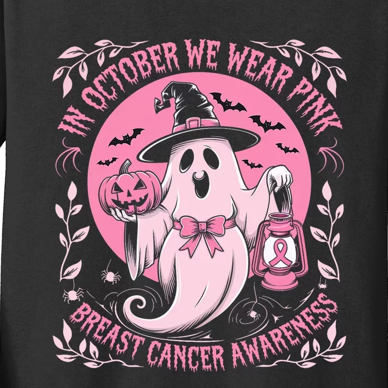 October We Wear P.I.N.K. Ghost Halloween Pumpkins Breast Cancer Kids Long Sleeve Shirt