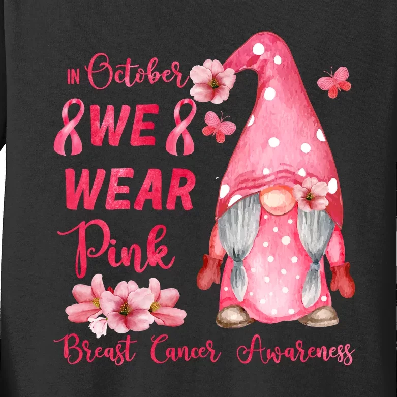 October We Wear Pink Gnome Breast Cancer Awareness Kids Long Sleeve Shirt