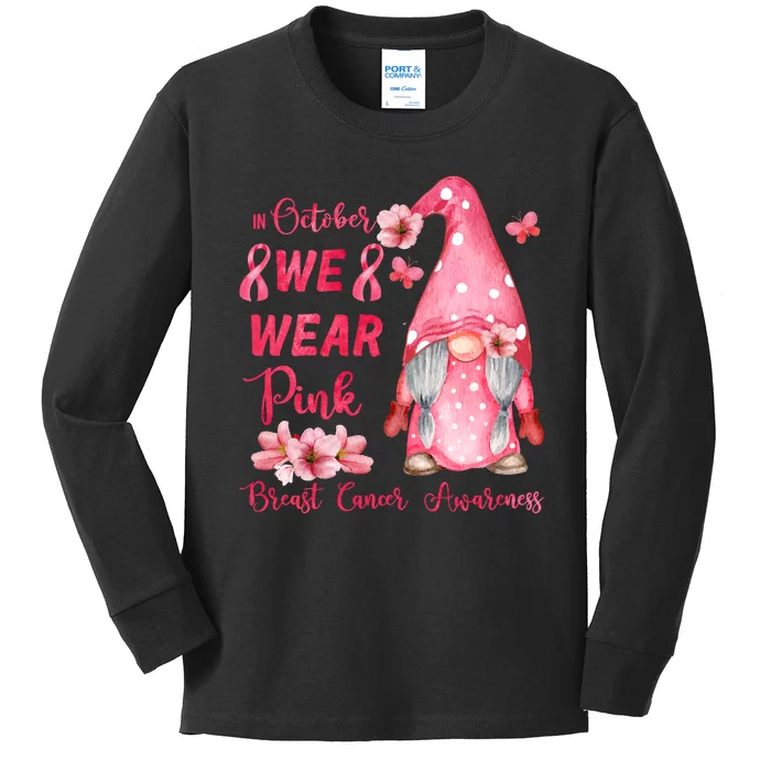 October We Wear Pink Gnome Breast Cancer Awareness Kids Long Sleeve Shirt