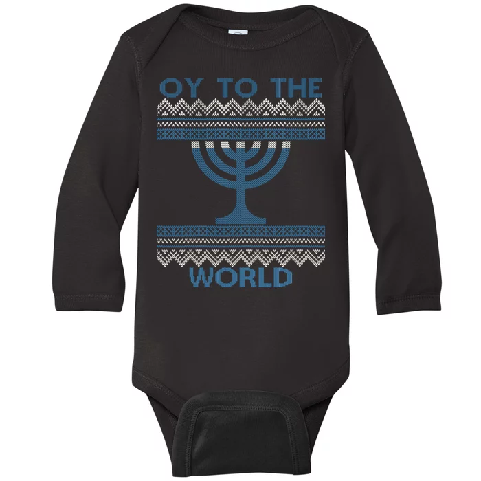 Oy To The  World Hanuka Ugly Sweater Baby Long Sleeve Bodysuit