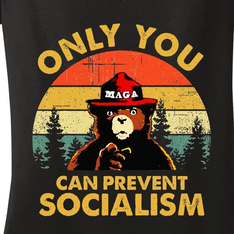 Only You Can Prevent Socialism Bear Wearing Hat Maga Smokey Women's V-Neck T-Shirt