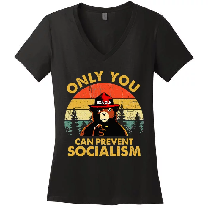 Only You Can Prevent Socialism Bear Wearing Hat Maga Smokey Women's V-Neck T-Shirt