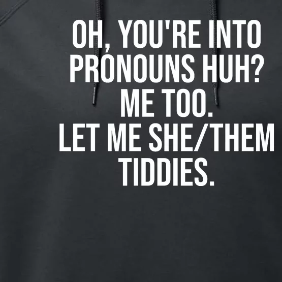 Oh Youre Into Pronouns Huh Me Too Let Me She Them Tiddies Funny Performance Fleece Hoodie