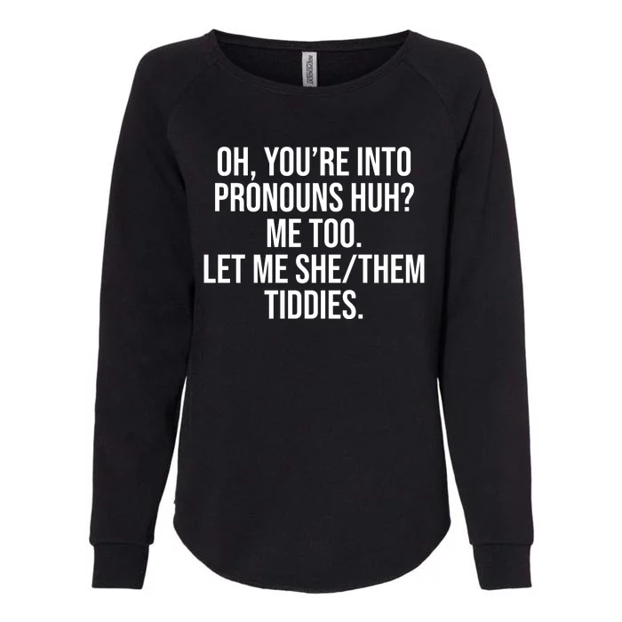 Oh Youre Into Pronouns Huh Me Too Let Me She Them Tiddies Womens California Wash Sweatshirt