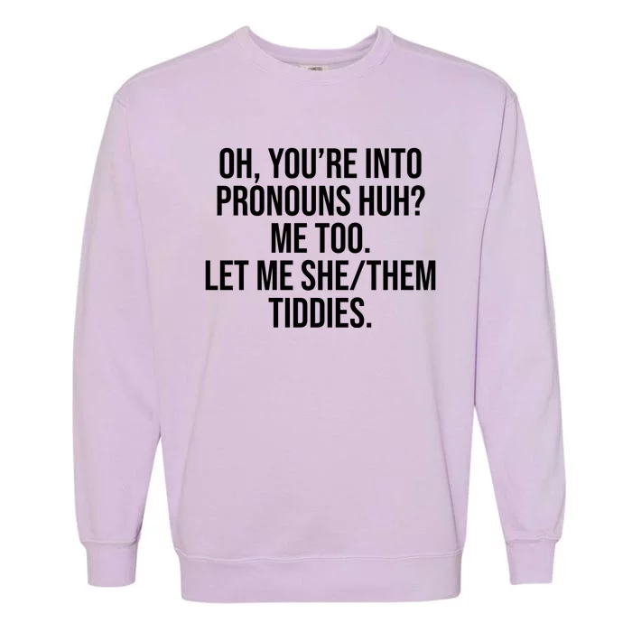 Oh Youre Into Pronouns Huh Me Too Let Me She Them Tiddies Garment-Dyed Sweatshirt