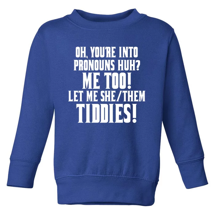 Oh Youre Into Pronouns Huh? Me Too Let Me She/Them Tiddies Toddler Sweatshirt