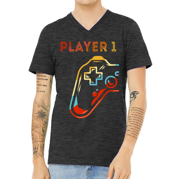 Player 1 Funny Video Game Lover Joystick Retro Matching  Gamer Couple V-Neck T-Shirt