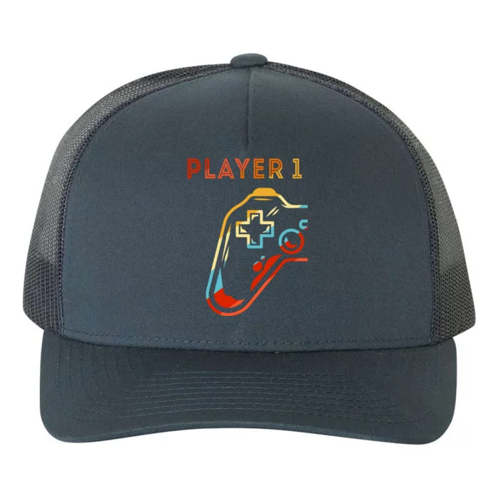 Player 1 Funny Video Game Lover Joystick Retro Matching  Gamer Couple Yupoong Adult 5-Panel Trucker Hat