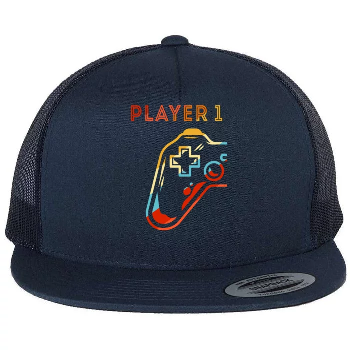 Player 1 Funny Video Game Lover Joystick Retro Matching  Gamer Couple Flat Bill Trucker Hat