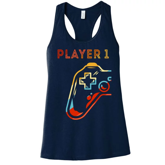 Player 1 Funny Video Game Lover Joystick Retro Matching  Gamer Couple Women's Racerback Tank