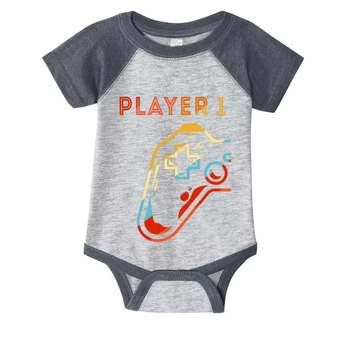 Player 1 Funny Video Game Lover Joystick Retro Matching  Gamer Couple Infant Baby Jersey Bodysuit