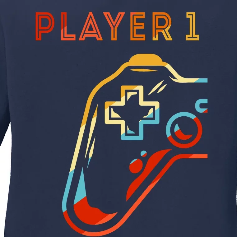 Player 1 Funny Video Game Lover Joystick Retro Matching  Gamer Couple Ladies Long Sleeve Shirt