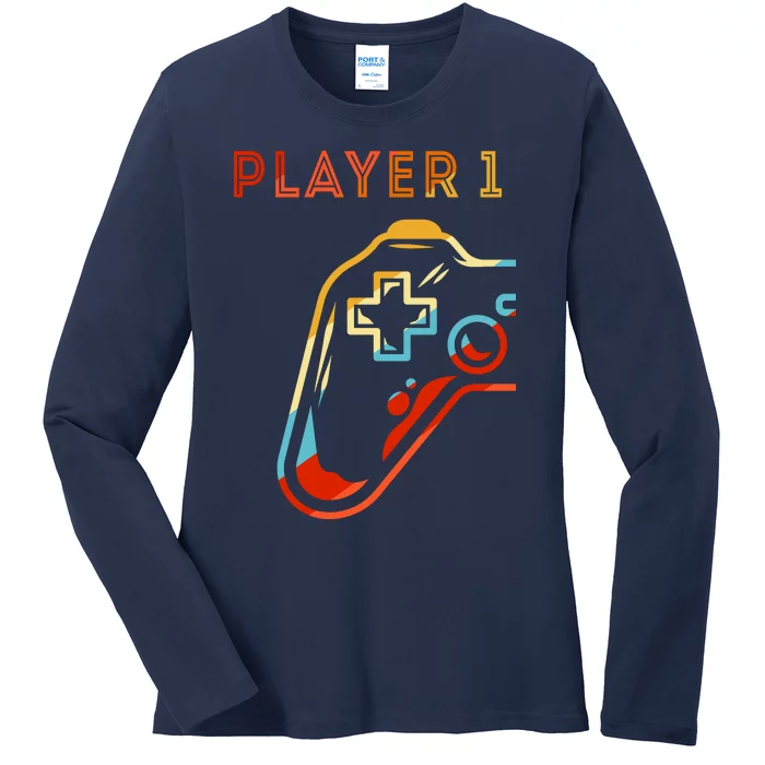 Player 1 Funny Video Game Lover Joystick Retro Matching  Gamer Couple Ladies Long Sleeve Shirt