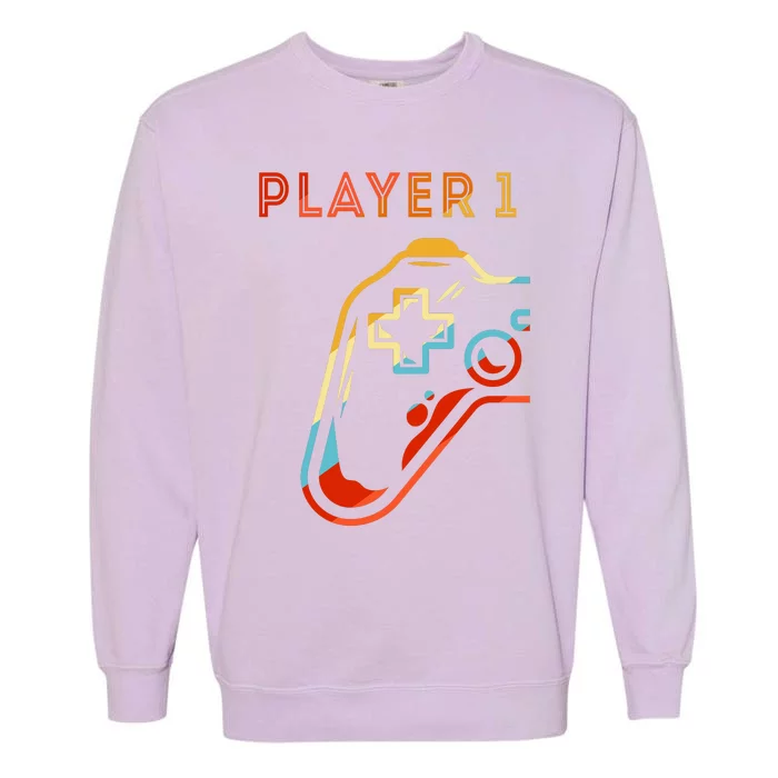 Player 1 Funny Video Game Lover Joystick Retro Matching  Gamer Couple Garment-Dyed Sweatshirt