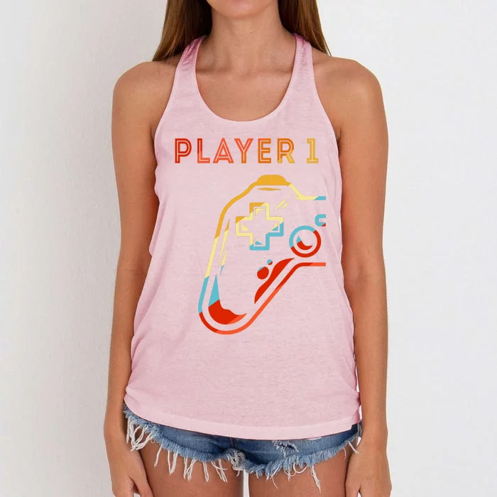 Player 1 Funny Video Game Lover Joystick Retro Matching  Gamer Couple Women's Knotted Racerback Tank