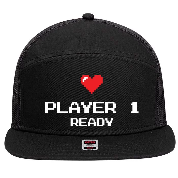 Player 1 Ready Retro Gaming New Dad Baby Announcement 7 Panel Mesh Trucker Snapback Hat