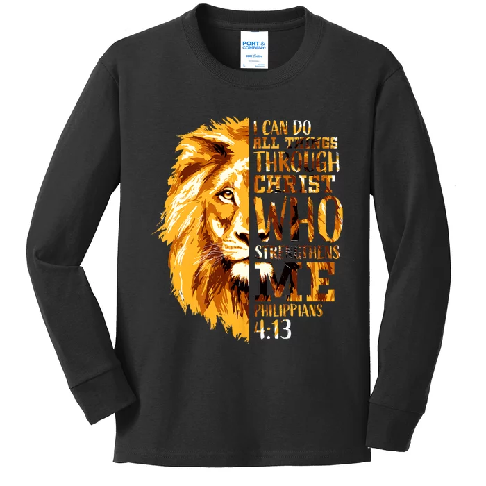 Philippians 4 13 I Can Do All Things Through Christ Who Strengthens Me Lion Kids Long Sleeve Shirt