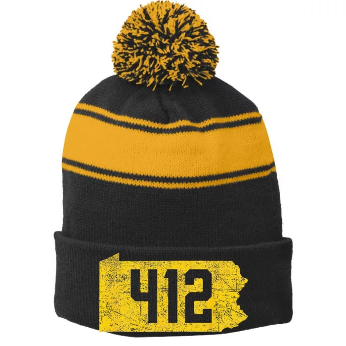 Pittsburgh 412 Area Code Yinzer Retro Souvenir Stripe Pom Pom Beanie