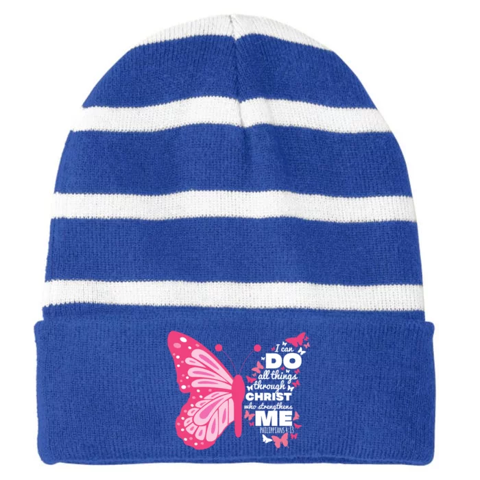 Philippians 4:13 Butterfly Christ Bible Verse Gift Gift Striped Beanie with Solid Band