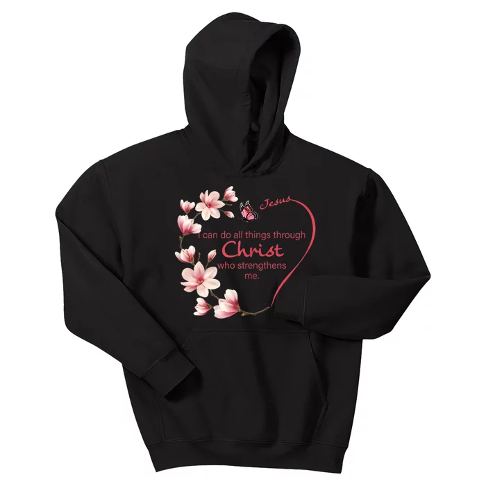 Philippians 4:13 Christian Gifts Her Butterfly Pink Magnolia Kids Hoodie