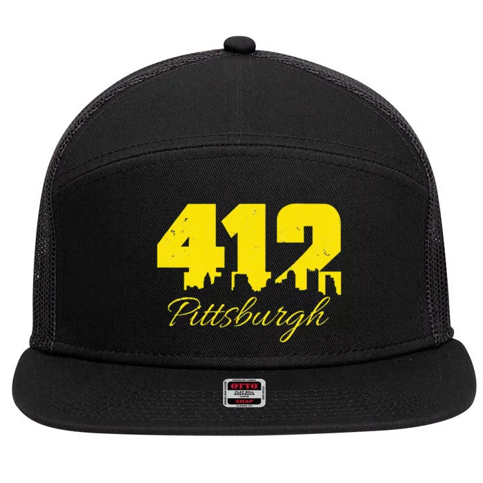 Pittsburgh 412 City Skyline Yellow Pittsburgh 7 Panel Mesh Trucker Snapback Hat