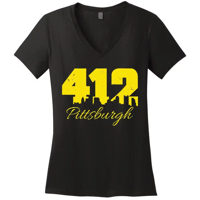 Pittsburgh 412 City Skyline Yellow Pittsburgh Women's V-Neck T-Shirt