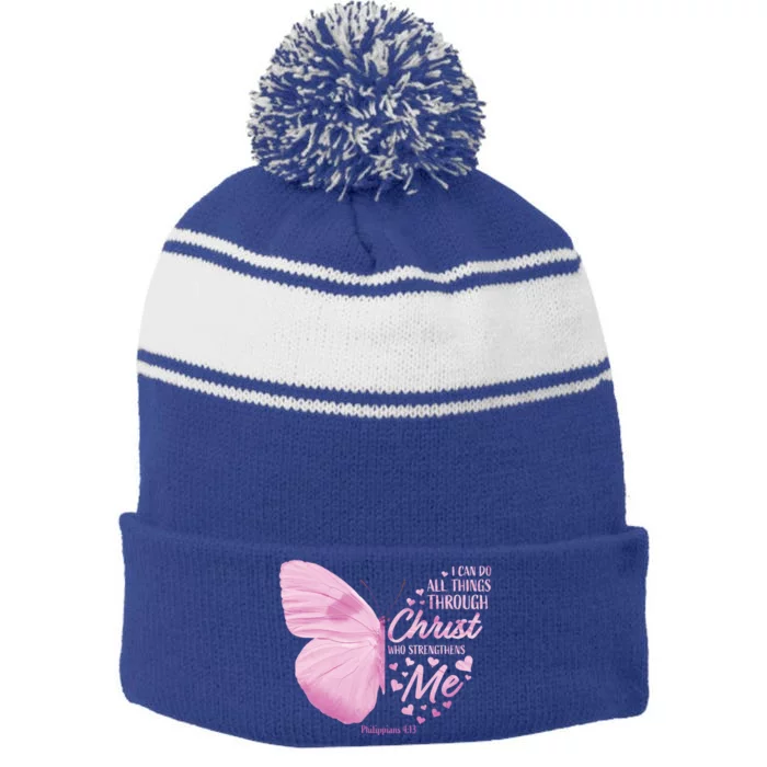 Philippians 4:13 Christian Bible Verse Funny Gift Butterfly Gift Stripe Pom Pom Beanie