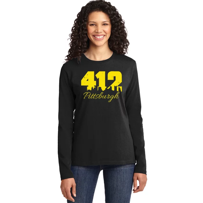 Pittsburgh 412 City Skyline Yellow Pittsburgh Ladies Long Sleeve Shirt