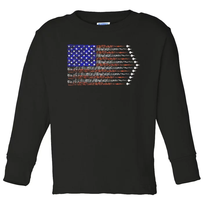 Patriotic 4th Of July USA American Flag Fighter Jets Toddler Long Sleeve Shirt