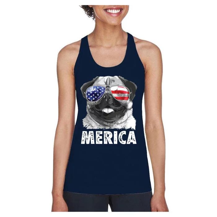 Pug 4th Of July Shirts Merica Men Women USA American Flag Women's Racerback Tank