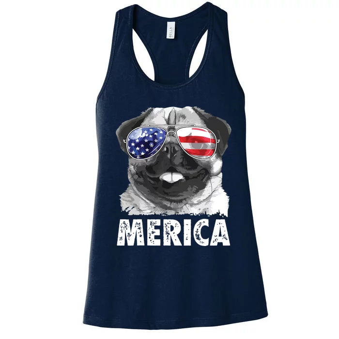 Pug 4th Of July Shirts Merica Men Women USA American Flag Women's Racerback Tank