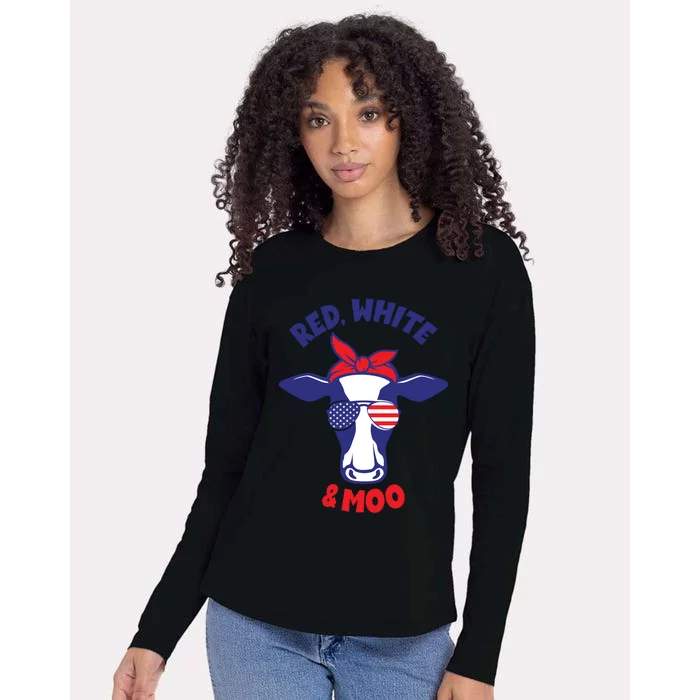 Patriotic 4th Of July Tee Red White And Moo Patriotic Cow Gift Womens Cotton Relaxed Long Sleeve T-Shirt