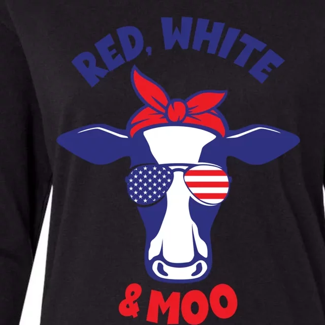 Patriotic 4th Of July Tee Red White And Moo Patriotic Cow Gift Womens Cotton Relaxed Long Sleeve T-Shirt