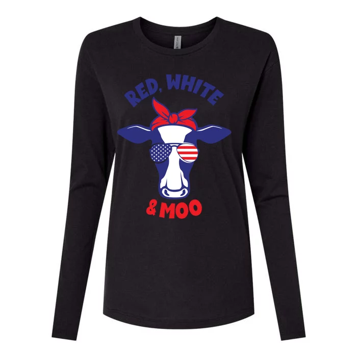 Patriotic 4th Of July Tee Red White And Moo Patriotic Cow Gift Womens Cotton Relaxed Long Sleeve T-Shirt