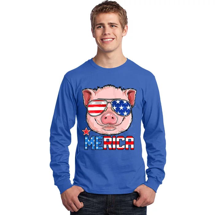 Pig 4th Of July Merica Usa American Flag Long Sleeve Shirt