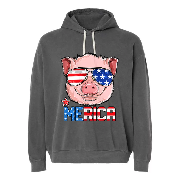 Pig 4th Of July Merica Usa American Flag Garment-Dyed Fleece Hoodie